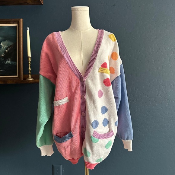 Birds of Paradise Oversized Pastel Colorblock Polka Dot Cardigan Knit Sweater XL - Picture 2 of 8